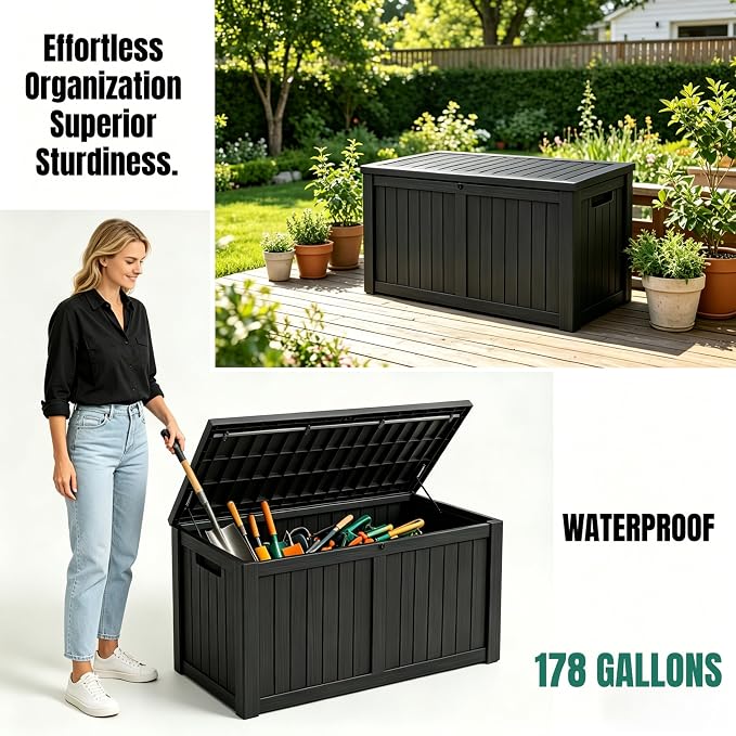 MAKINO 178 Gallon Large Resin Outdoor Storage Box, Waterproof Deck Box, Lockable Deck Container with Reinforced Support, Outdoor Chest for Patio Accessories, Outdoor Cushions, Garden Tools, Black
