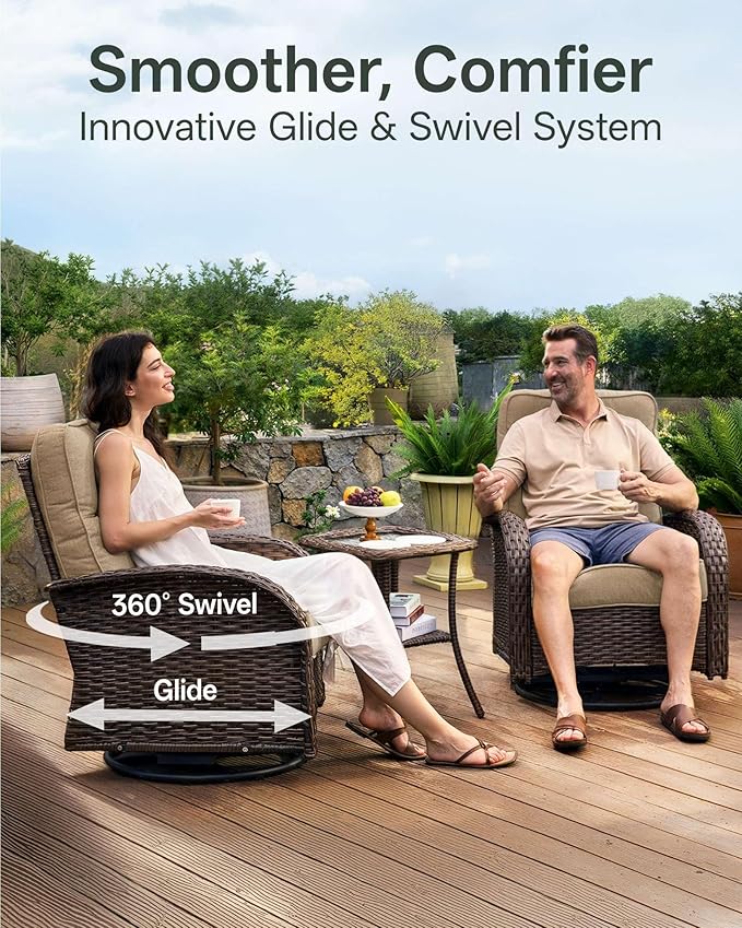 3-Piece Patio Furniture Set with 6-Inch Thick Cushions, High Back Outdoor Swivel Rocker Chairs and Table, All-Weather Conversation Set for Porch, Deck, Balcony, Yard in Beige