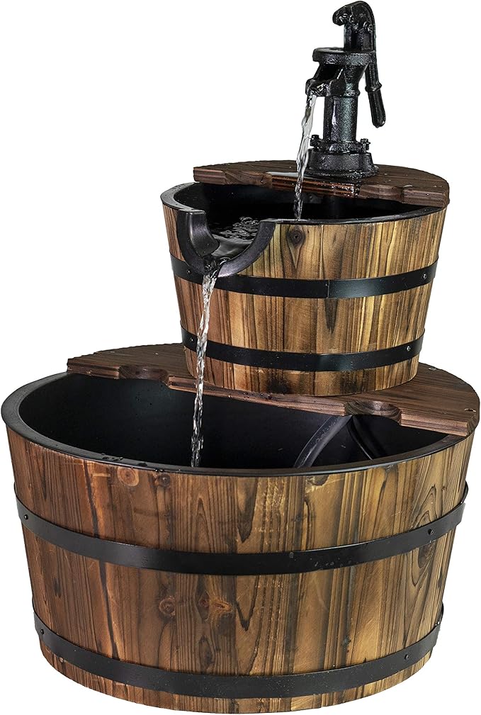 Sun-Ray 2-Tier Rustic Outdoor Fountain 18" W, Garden Decor Water Fountain with Submersible Electric Pump and Cast Iron Hand Pump Accessory for Patio, Garden, Yard