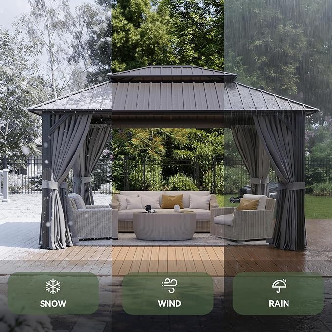 Aoxun 10Ft X 14Ft Hardtop Gazebo, Aluminum Metal Outdoor Gazebo with Breathable Netting and Curtains, Galvanized Steel Double Top, Permanent Patio Pavilion for Backyard, Wedding, Party