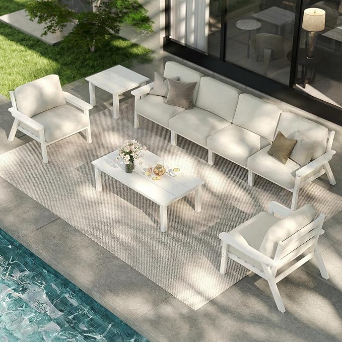 7 Piece Patio Furniture Set, HDPE Outdoor Sectional with Beige Washable Thick Cushions, Coffee Table & Side Table, Patio Conversation Sets for Lawn, Garden, Porch, Balcony (White Frame)