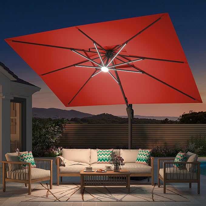 9' X 12' Patio Umbrella with LED Lights Outdoor Cantilever Large Rectangle Offset Umbrellas Heavy Duty Aluminum Double Top with 360-degree Rotation for Pool Garden Deck, Red