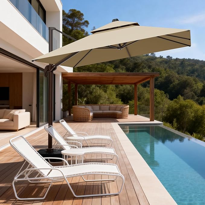 10x10Ft Patio Umbrella Outdoor Cantilever Rectangle Umbrella with Base Included, 6-Level Tilt & 360° Rotation Offset Umbrella for Garden, Deck, Pool(Beige)
