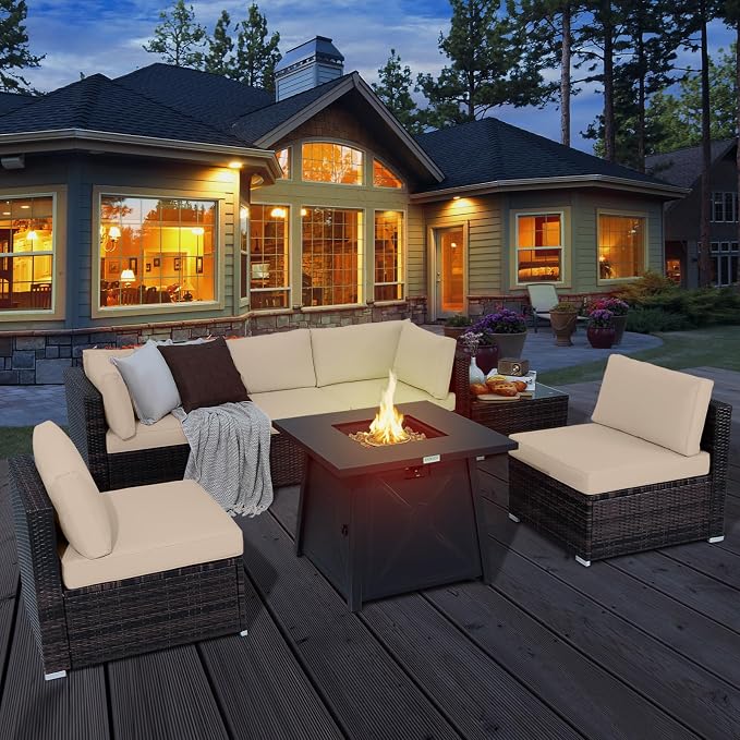 Tangkula 7 Piece Patio Furniture Set w/Fire Pit Table, Patiojoy Outdoor Rattan Conversation Sofa Set w/30 Square Propane Fire Pit Table, 50,000 BTU Heat Output, Protective Cover Included (Brown)