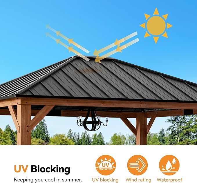 Modern Shade Tranquil Grove Wood Gazebo 12' x 14', Hardtop Gazebo Permanent with Galvanized Steel Roof, Cedar Outdoor Gazebo with Sturdy Hooks for Garden, Backyard, Patio and Deck