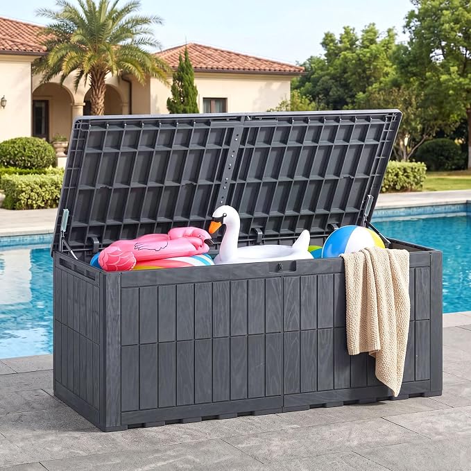 HAPPYGRILL 180 Gal Outdoor Deck Box, Lockable Storage Bin with Lid and Handles, Waterproof and Sun-Protective Patio Bench and Storage Box for Garden Tools Pool Supplies (Gray, 180Gallon)