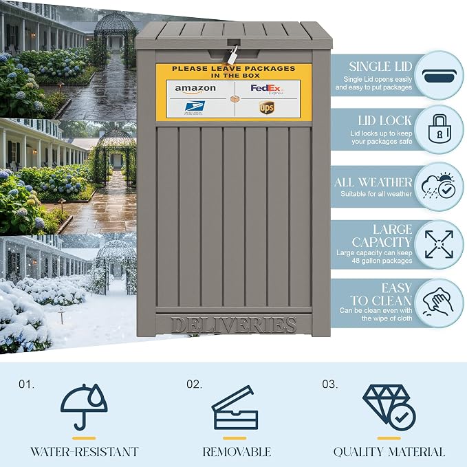 Package Delivery Box for Outside With Sign, Lockable Outdoor Storage Box Waterproof Deck Box, Large Double Wall Resin Parcel Drop Boxes, 48 Gallon, Classic Gray