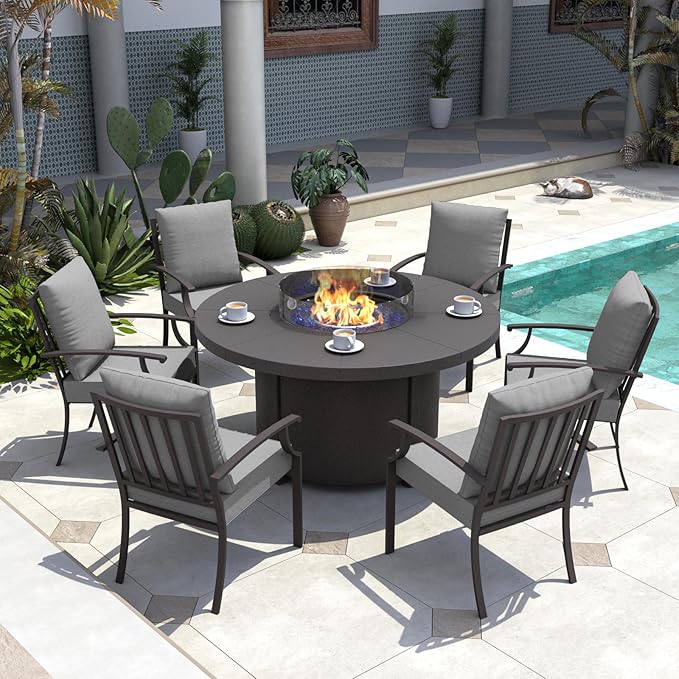 Kurapika 7 Piece Metal Outdoor Patio Furniture Set with 48" Round Fire Pit Table, Patio Conversation Sets 6 Fixed Chairs with Thick Cushion, Gray