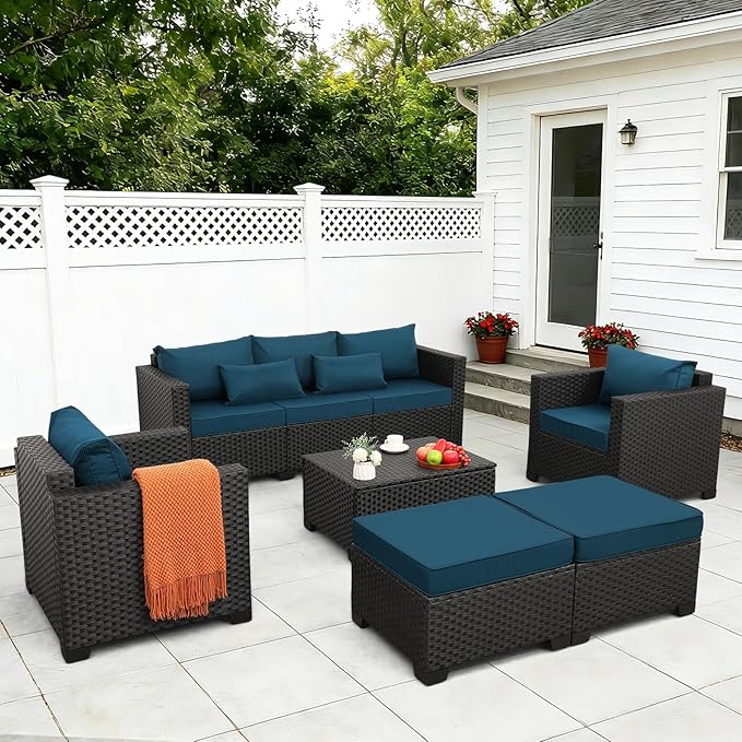 Rattaner Patio Furniture Set 6 Pieces Couch Outdoor Chairs Coffee Table Peacock Blue Anti-Slip Cushions and Waterproof Covers