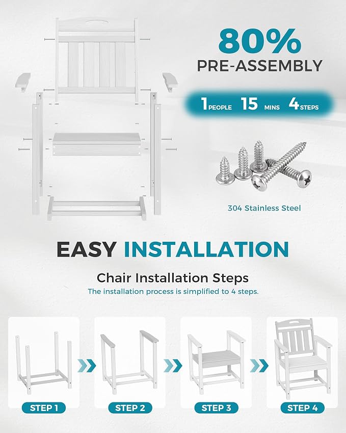 Ciokea Outdoor Patio Dining Chair, HDPE Oversized Porch Chairs with Wide Seat, All-Weather Durable Heavy-Duty Outdoor Furniture for Backyard, Poolside, Lawn & Garden, White