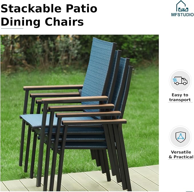 MFSTUDIO 7 PCS Patio Dining Set with 6 Stacking Aluminum Armchair(Blue) and 1 Rectangular Heavy Duty Table