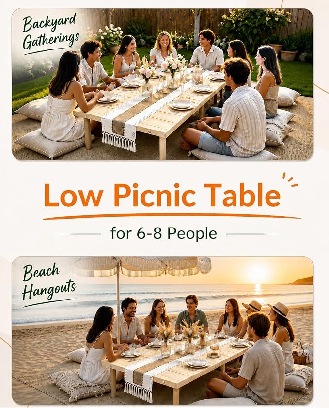 Folding Picnic Table, 60 x 30 in Solid Wood Boho Low Picnic Table with Table Runner, Portable Foldable Floor Table with Adjustable Height for Beach, Camping, Backyard, Wedding & Outdoor Parties