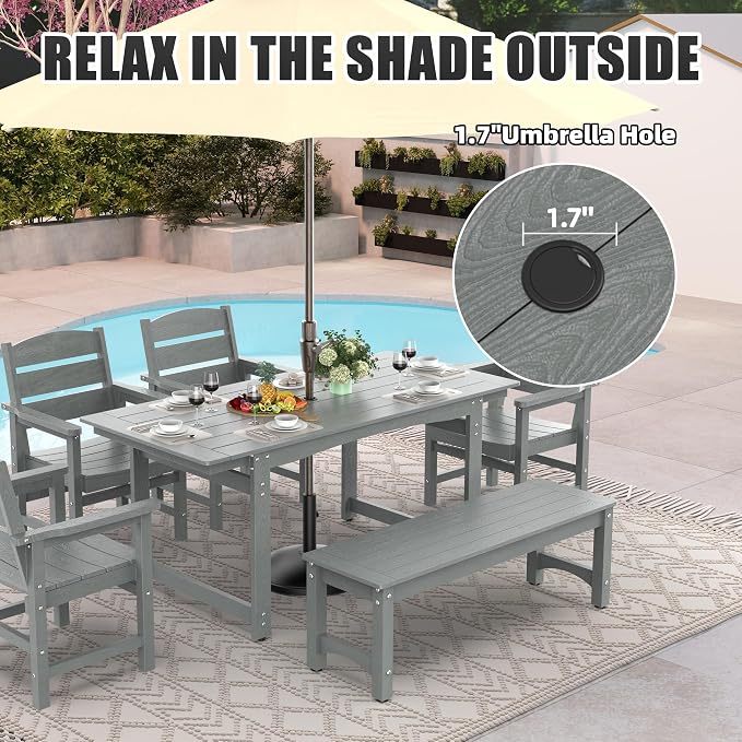 67" Outdoor Dining Table with Umbrella Hole, HIPS All-Weather Rectangular Patio Table for Outdoor/Indoor Use, Grey