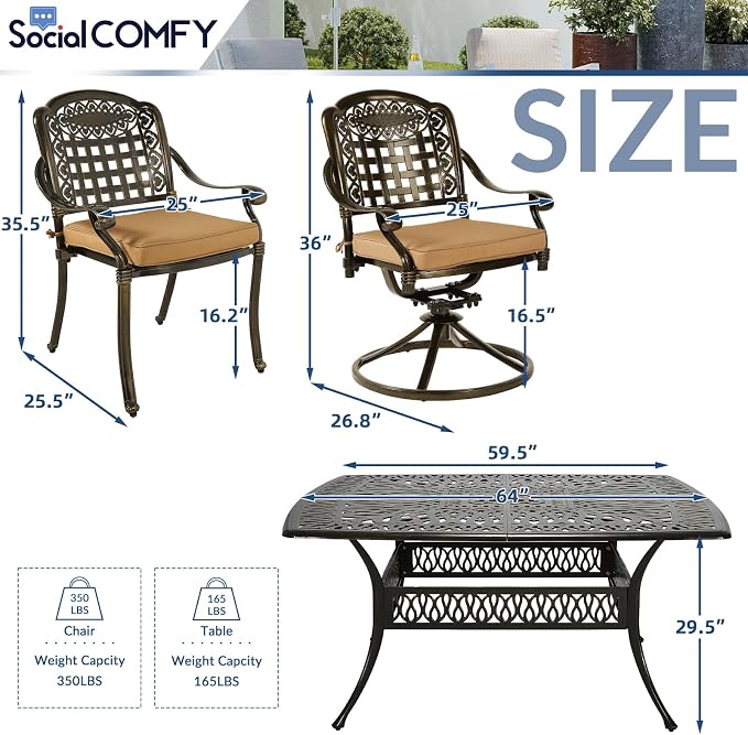 SOCIALCOMF 9-Piece Patio Cast Aluminum Dining Set, Outdoor Table and Chairs Set for 8, Includes 64" Large Square Dining Table, 6 Stationary, 2 Swivel Dining Chairs with Umbrella Hole, Tan