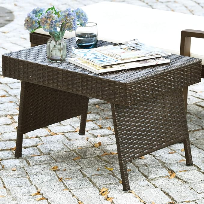 Tangkula Outdoor Folding Wicker Table, Heavy Duty Rattan Foldable Standing Coffee Side Table, for Patio Poolside Lawn Garden Balcony