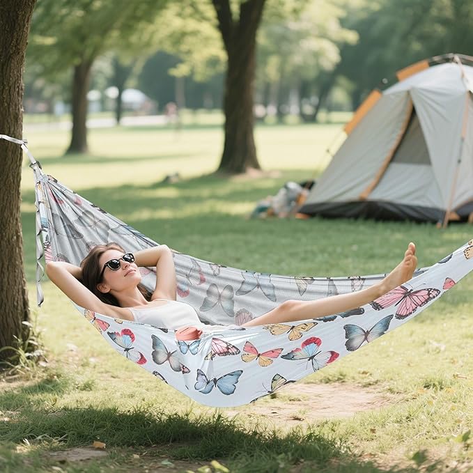 Camping Hammock Outdoor Hammocks for Outside Butterfly Pastel Blue Beach Trees Portable Lightweight with Pockets Tree Straps Indoor