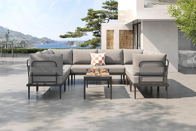 Metal Patio Furniture Set, 9 Pieces Outdoor Sectional Couch Sets with Coffee Table, U Shaped Outdoor Conversation Set with 6" Thick Cushion for Deck, Patio & Courtyard (Gray)