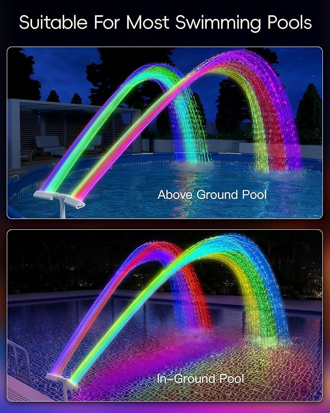 POOLHOUR Pool Fountain with 10 Colors Rainbow Lights for Above Ground/Inground Pools, Dual-Head Adjustable Pool Waterfall & Pool Sprinkler with Timer, 5000mAh Battery, Remote-Controlled, Grey