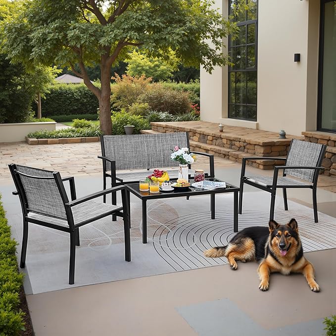 Greesum 4 Pieces Outdoor Furniture Set All Weather Patio Conversation Set with Porch Loveseat, Garden Bistro Chairs with Glass Coffee Table for Garden Backyard Poolside Textile Modern, Gray