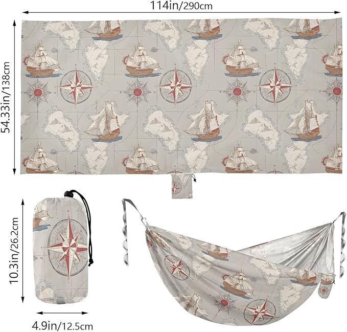 Camping Hammock Outdoor Hammocks for Outside Nautical Map Sailboat Beach Trees Portable Lightweight with Pockets Tree Straps Indoor Small