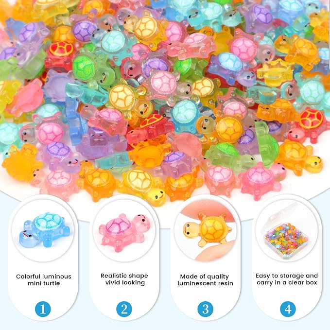 200pcs Mini Resin Turtles Luminous Tiny Turtle for Crafts Dollhouse Miniatures Mini Resin Things Animals for Fairy Garden Micro Landscaping Decoration Home Decor, 10 Colors(0.31 * 0.47inch，Medium)