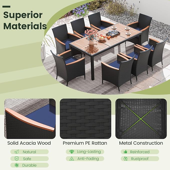 Tangkula 11 Pieces Patio Dining Set with Double-Sided Led Patio Umbrella (Base Included), with 8 Stackable Chairs, Acacia Wood Dining Table and Large Umbrella with Solar Lights (Turquoise + Navy)