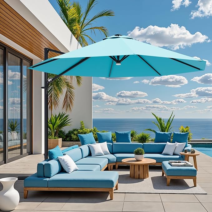 Greesum 10FT Outdoor Patio Umbrella with High Pedel and 4 Gear Heights, Large Offset Umbrella with Solar LED Lights and 360-degree Rotation, Without Base, Hanging Outdoor Shade for Garden, Light Blue