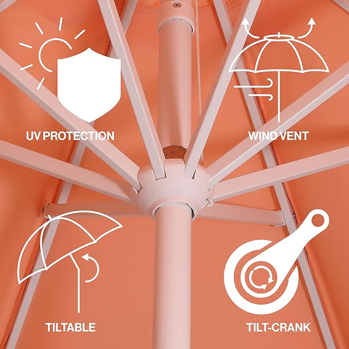 JONATHAN Y Tracy 9 ft. Outdoor Patio Umbrella with Scalloped Edge, Coastal Market Table Umbrella with Crank Lift and Tilt, 8 Sturdy Ribs UV Resistant for Pool, Coral Pink, White Pole UMB1002H