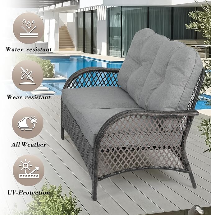 Athena Collection Outdoor Furniture Set Patio Loveseat and Table Set of 2, PE Rattan Sofa Conversation Set Double Chair Match Thickened Cushion and Coffee Table for Garden Porch Yard, Gray