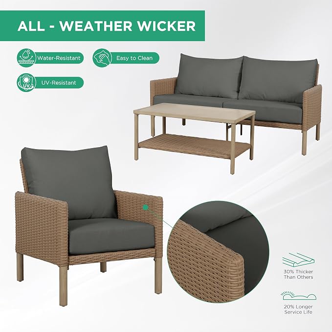 4-Piece Wicker Patio Furniture Set, Outdoor Conversation Set with Coffee Table and Removable Thickened Cushions, Modern Sectional Sofa for Backyard, Garden & Lawn, Grey