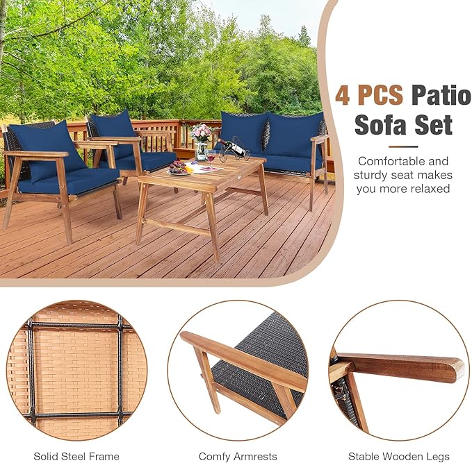 HAPPYGRILL 4 Pieces Outdoor Rattan Sofa Set Acacia Wood Frame Conversation Set with Coffee Table, Sectional Furniture Set with Cushions for Backyard Porch Garden Poolside Balcony