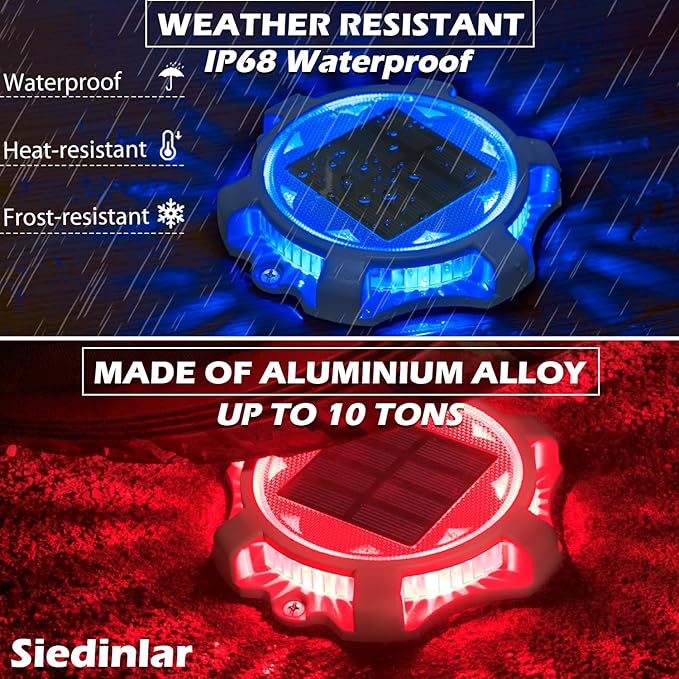 SIEDiNLAR Solar Deck Lights Outdoor 2 Modes LED Dock Light Driveway Markers Waterproof for Pathway Step Walkway Ground Stair Yard Road Garden 16 Pack (Blue/Red)