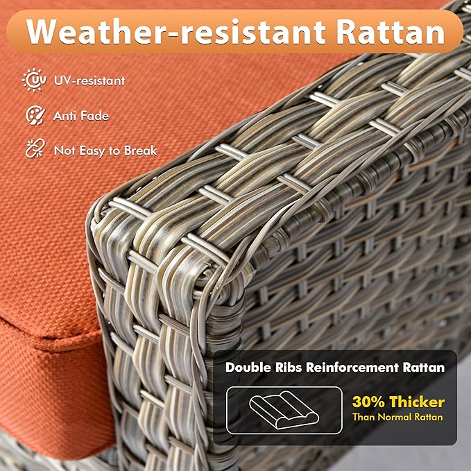9 PCS Outdoor Patio Furniture Sets,Patio Conversation Sets Outside Rattan Soft Cushion Sofa with 2 Wicker Rocking Chairs & 54 in Fire Pit Table Fit Backyard Porch Garden Poolside Balcony,Orange Red