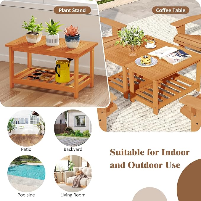 RELAX4LIFE 2-Tier Outdoor Coffee Table - Acacia Wood Rectangular Patio Center Table w/Slatted Tabletop & Storage Shelf, Indoor Outside Wooden Furniture for Living Room Backyard Deck Balcony, Natural