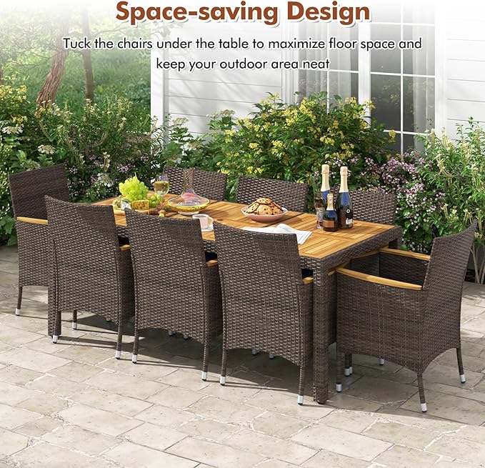 COSTWAY 9-Piece Patio Dining Set for 8, Outdoor Rattan Wicker Table and Chairs Furniture Set with Umbrella Hole, Acacia Wood Tabletop for Backyard, Balcony, Poolside, Brown & Navy
