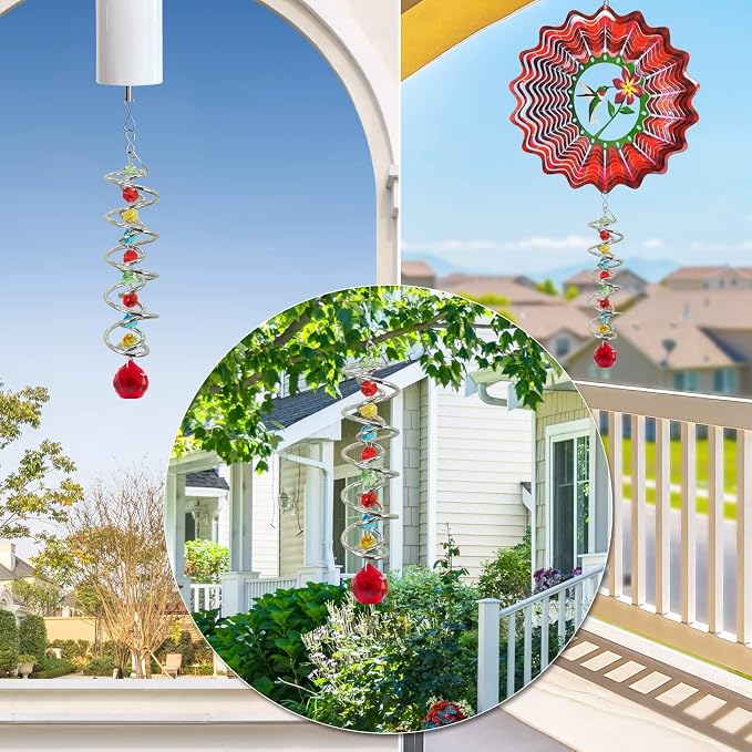 FONMY Gazing Ball Spiral Tail -Decorative Wind Spinner Sun Catcher Rainbow Maker Double-Spiral W/Red Crystal Ball and Chain Crystals for Indoor Outdoor Garden Decoration -14 inch Height