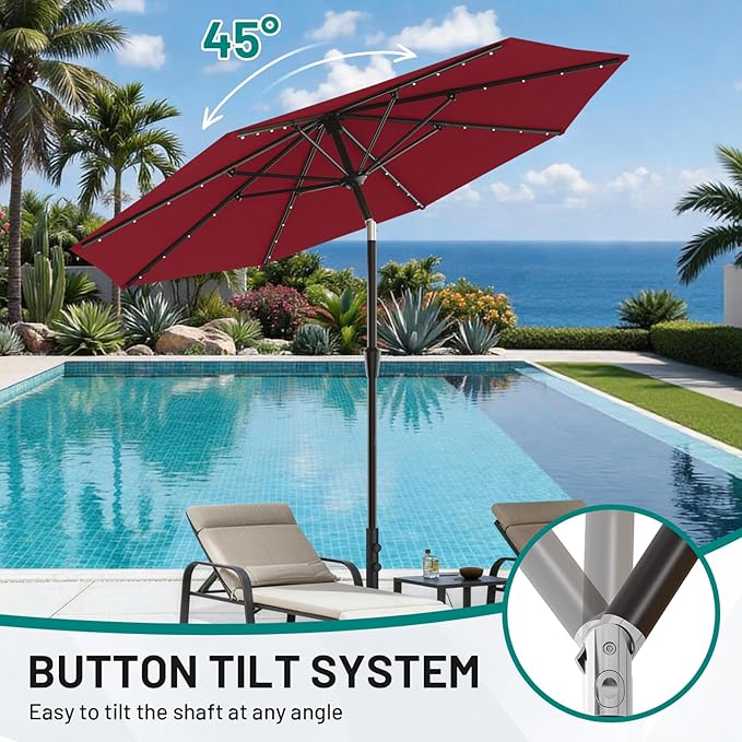 AreShark 9FT Patio Umbrella with Solar Lights, 32 Lighted Pool Umbrella w/Tilt and Crank, Outdoor Market Solar Umbrellas for Garden, Deck, Backyard, Pool and Beach, Dark Red