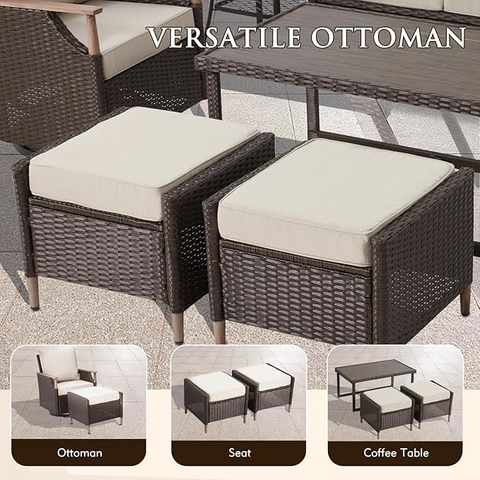 MELLCOM 7 Piece Patio Furniture Set Wicker Patio Conversation Set Rocking Bistro Set with 3 Seater Sofa, Coffee Table, Tempered Glass Side Table and 2 Ottoman, for Backyard Garden Patio(Beige, 7pcs)