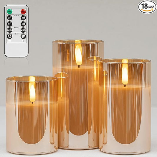 ANGELLOONG Gold Candles for Bathroom Decor, Glass Flameless Candles with Remote, Battery Operated LED Pillar Fake Candles with Timer for Christmas Home Fireplace Mantle Fall Decor