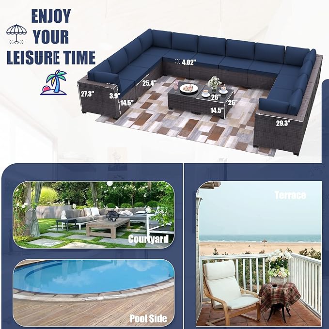 Patio Furniture Set 14-Piece Outdoor Furniture for Backyard Wicker Sectional Sofa Set, PE Rattan Patio Conversation Set 12 Seat with 4 Inch Thickened Cushions and Glass Coffee Tables, Navy Blue