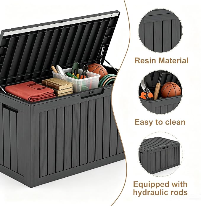 DRATO 85 Gallon Outdoor Deck Box, Weather-Resistant Resin Patio Storage Box with Hydraulic Rod, Large Capacity Storage Bin for Garden Tools, Pool Towels, Outdoor Cushions & Toys (Black)