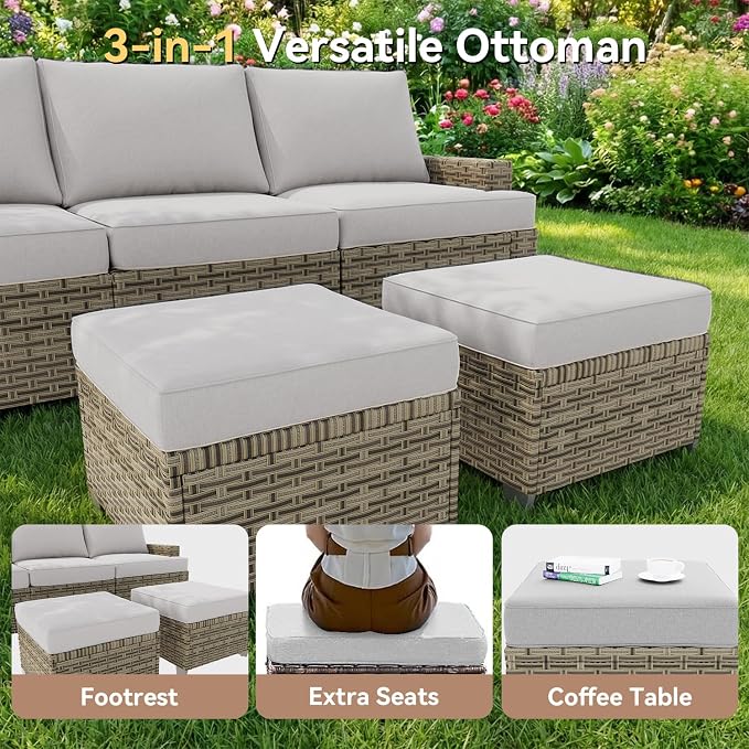LET'S PATIO Luxury Patio Furniture Set with Fire Pit Table, 15 Piece Outdoor Furniture Set with Swivel Rocker Chairs & Ottomans, All-Weather Patio Sectional Sofas with Thickened Cushions, Grey