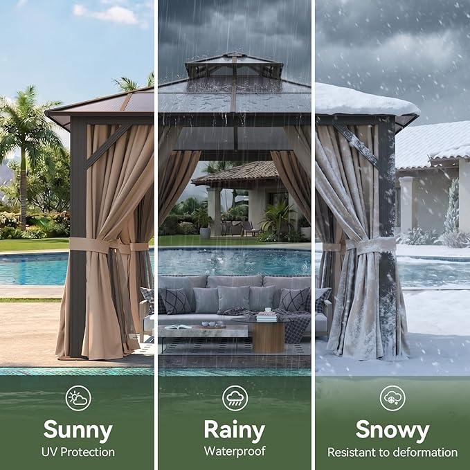 10’x10’ Hardtop Gazebo with Double Polycarbonate Roof Outdoor Metal Gazebo Sturdy Aluminum Frame & Removable Curtains, Netting Permanent Pavilion Pergola for Garden,Patio,Lawn (Brown)
