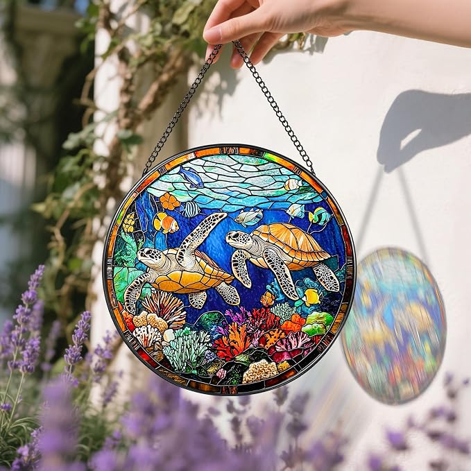 Stained Glass Window Hanging, Stained Glass Suncatcher Sea Turtle Decor, 8" Coral Reef Ocean Window Hanging Ornament | Sea Turtle Gifts, Valentine, Birthday Gifts for Friends, Women, Men, Mom