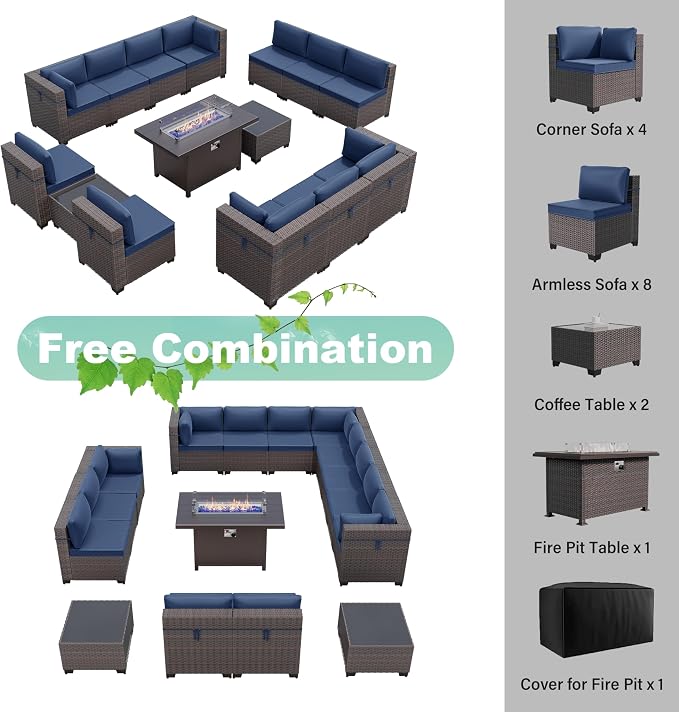 ALAULM 15 Pieces Patio Furniture Set with Aluminum Fire Pit Table Outdoor Furniture Sets 55000BTU Gas Fire Pit Brown PE Rattan Wicker Patio Conversation Sets w/12 Cushions (Dark Blue)