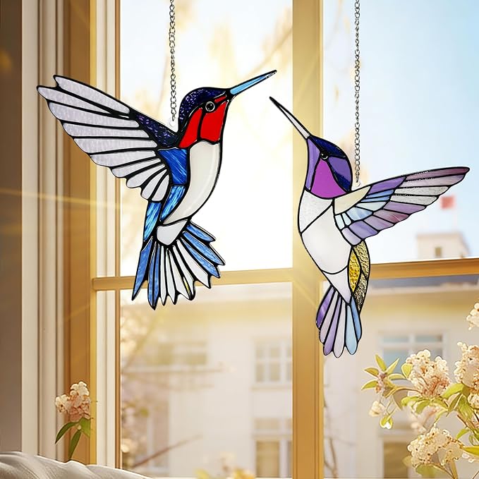 Hummingbirds Suncatcher Stained Glass, Hummingbird Suncatcher Ornament, Hummingbird Suncatcher for Grandma/Mom/Women (Purple)
