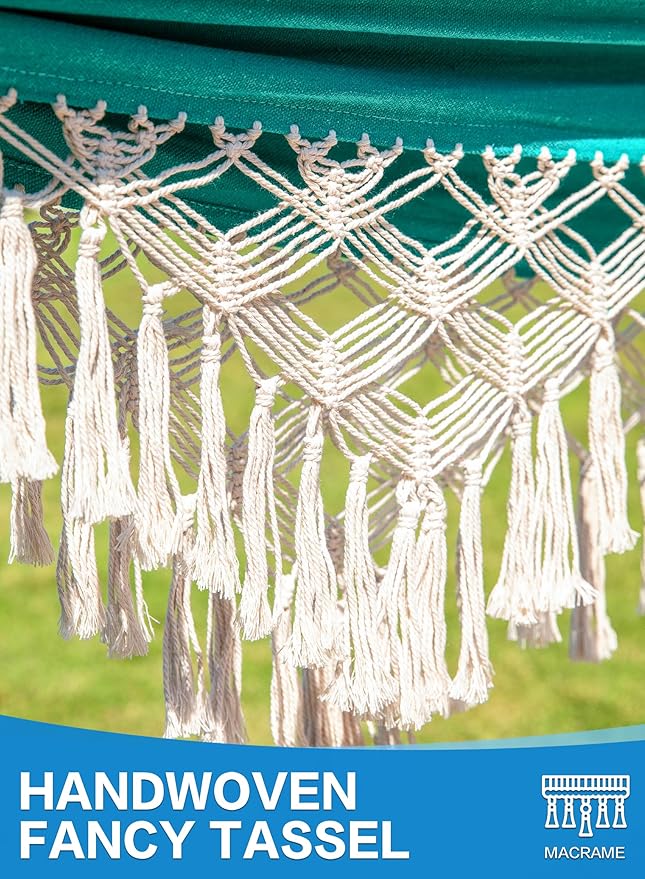 PNAEUT Handmade Tassel Hammocks, Double Hammock with Stand for Outside Indoor Outdoor, Max 450 lbs Capacity, Tree Straps & Carabiners & Pillow & Storage Bag and Portable Carrying Bag Included (Aqua)