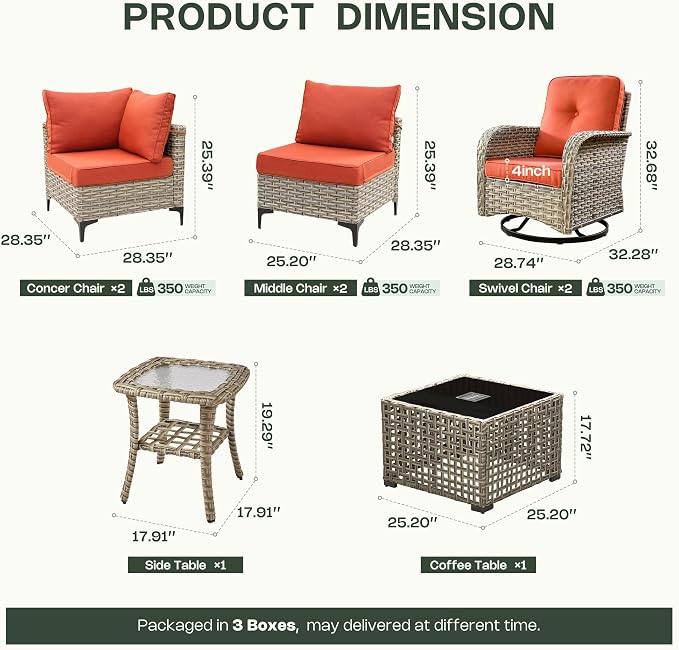 8 Pieces Patio Furniture Set, Outdoor Conversation Set with 360° Swivel Rocker Chairs, Wicker Sectional Sofa & Solar Powered Lighted Table, High Back Outdoor Furniture for Backyard Porch, Red
