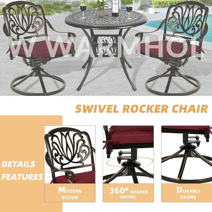 5 Piece Patio Dining Set, Outdoor Table and Chairs Set for 4 Cushioned Swivel Rocking Chairs and 35.4'' Round Table, All-Weather Cast Aluminum Patio Funiture Set, 2'' Umbrella Hole, Red