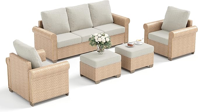 Patio Furniture Set 5 pcs, Wicker Rattan Sofa with 5.5" Thick Waterproof Cushions, 2 Chairs and Ottomans, All Weather Outdoor Conversation Set for Backyard Deck, 7 Seats Beige